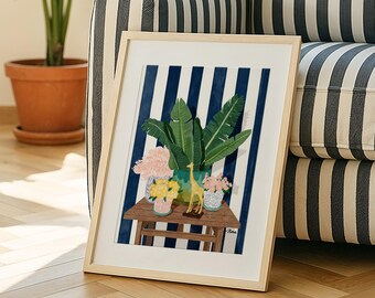 Tropical Giraffe Art Print: Botanical Gouache Painting