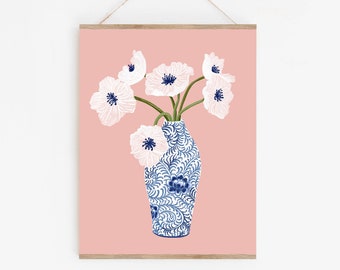 Floral And Vase Print, Botanical Flower Wall Art, Potted Indoor Plant Art Print Hallyway, Room Decor Florist, Gift under 30