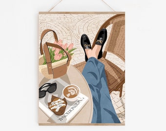 French Chic Poster, Girl in Paris art print, Parisian Chic decor, Cityscape Paris poster, Life style art print