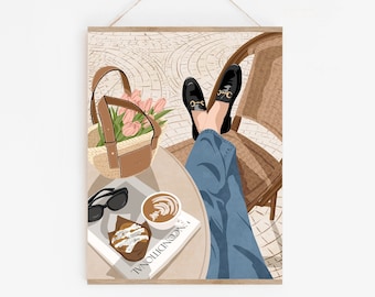 Impressão artística de café francês: cena de brunch de garota chique