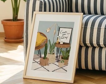 Lámina artística de plantas bohemias: decoración acogedora para el hogar, cita inspiradora