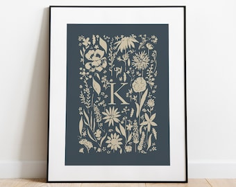 Floral Letter K Print: Mid Century Modern Alphabet Poster