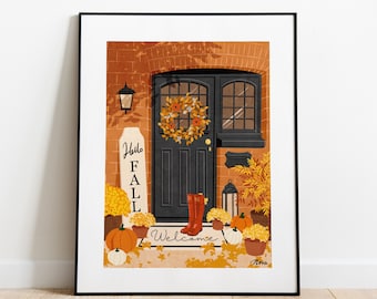 Hello Fall Art Poster, Fall Front Door Art Print, Fall Holiday Wreath Illustration Art, Seasonal Decor Thanksgivings, Autumn Season Wall Art