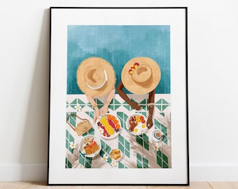 Straw hat women pool side art print, Tropical vacation wall art, Summer travel posters, Gift for bestie, Boho chic art, Best friend gift