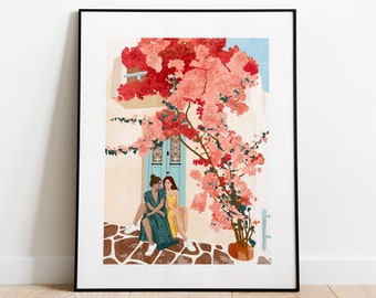 Summer blossom Art Print, Aesthetic room decor, Feminine wall art, Greece wall art, Illustration Print, Boho chic art, ArtofNorashop