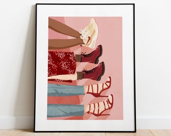 Ilustracja modowa, wydruk artystyczny: Buty damskie, wystrój domu w stylu Girl Power