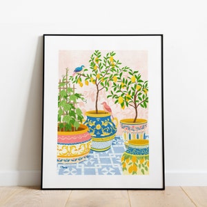 Mediterranean Sicilian Lemon Print, Lovebirds in Sicily Art Print, Sicilian Italy Pottery Vase Art Work Decor, Europe Travel Wall Art Poster