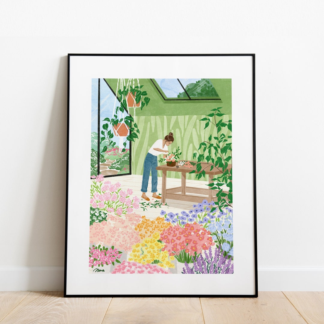 Flowers Art Print, Green House Prints, Floral and Women, Room Decor