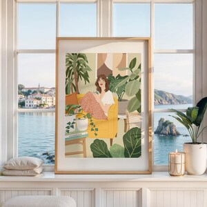 Botanische kunstprint: planten en vrouw, boho chic woondecoratie