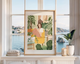 Botaniczny wydruk artystyczny: Rośliny i kobieta, wystrój domu w stylu boho chic