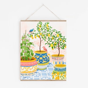 Sicilian Lemon Poster, Mediterranean Art, Romantic Lovebirds in Sicily Lemon Illustration, Italy Kitchen Wall Art