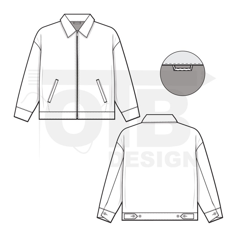 Collared Zip Work Jacket Flat Technical Drawing Illustration Mock-up ...
