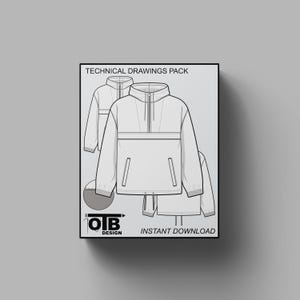 Op de afbeelding: Een technisch tekenpakket met een lichtgrijze jas met een hoge kraag en een ritssluiting aan de voorkant. De afbeelding bevat de tekst "TECHNICAL DRAWINGS PACK" en "INSTANT DOWNLOAD". Het OIB Design-logo is ook zichtbaar.