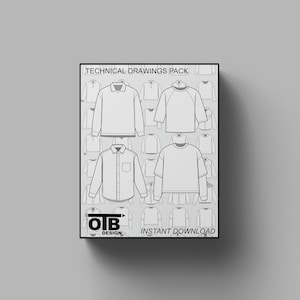 OTB Long Sleeve Tops Bundle Vectors Technical Drawing Illustration Blank Tech Pack Streetwear Mock-ups Template Fashion Design CAD Tech Pack