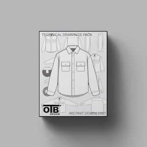 Flannel Collared Button Shirt Vector Flat Technical Drawing Illustration Blank Mock-up Template for Design Tech Packs CAD Technical Sketch