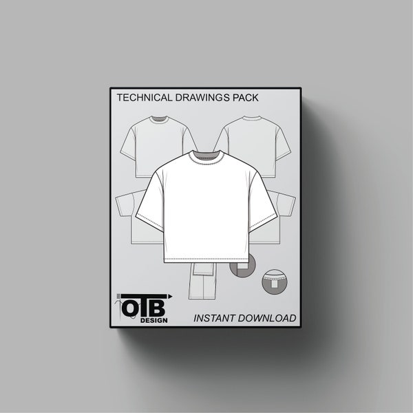 Boxy Oversized Fit T-shirt Vector Flat Technical Drawing Illustration Short Sleeve Blank Streetwear Mock-up Template Tech Pack Editable