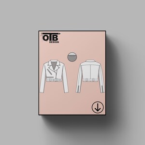 May include: A white cropped leather jacket with a zip fastening and a belt. The jacket is shown from the front and back. OTB Design is printed on the image.