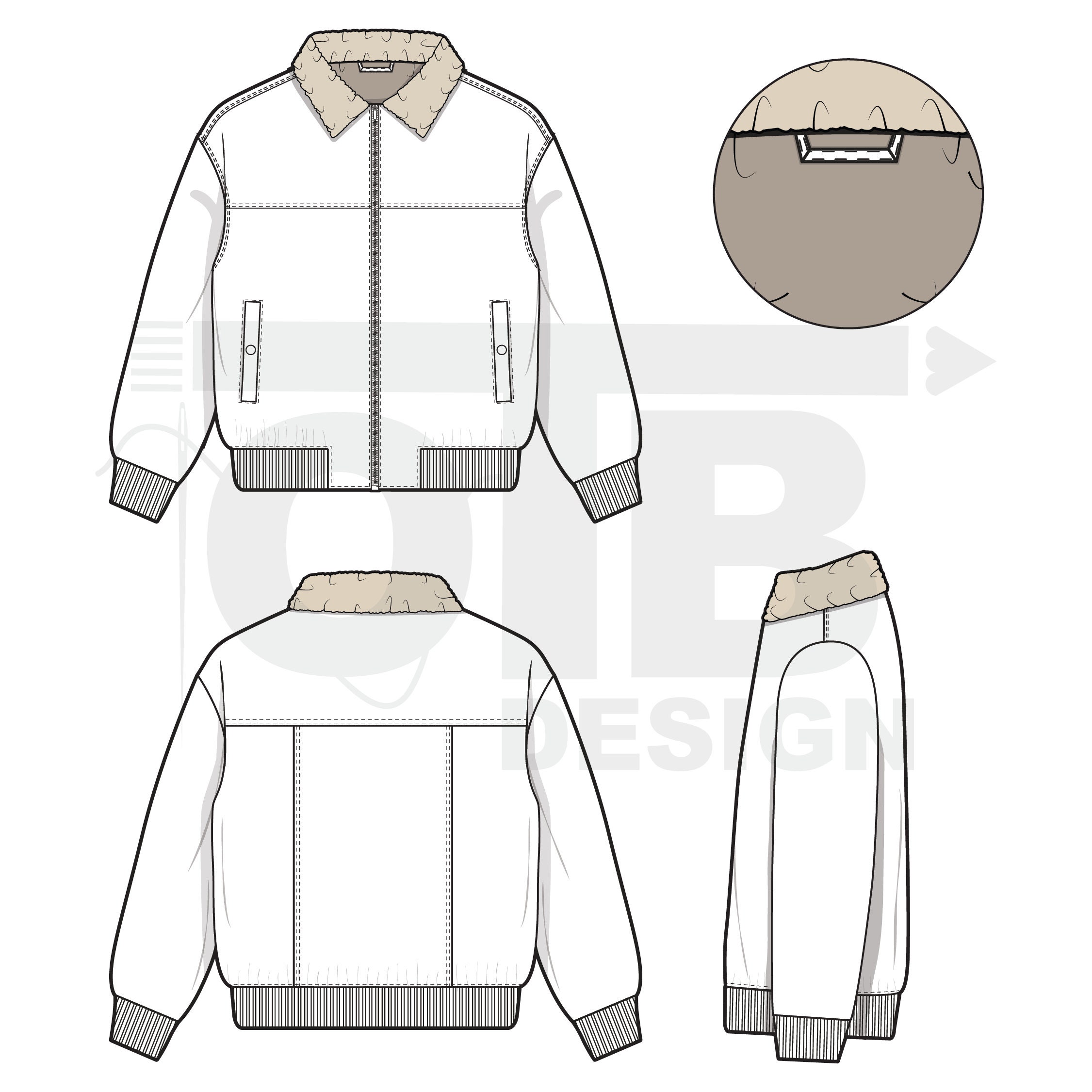 B-15 Bomber Jacket Vector Flat Flight Sherpa Technical Drawing