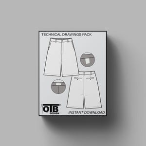 Pode incluir: Pacote de desenhos técnicos para calções, com dois estilos diferentes. Os desenhos são em preto e branco e incluem detalhes como bolsos e costuras. O texto "TECHNICAL DRAWINGS PACK" e "INSTANT DOWNLOAD" é visível na imagem.