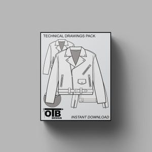 Puede incluir: Ilustración digital de un dibujo técnico de una chaqueta de cuero blanca. La imagen incluye el texto "TECHNICAL DRAWINGS PACK" e "INSTANT DOWNLOAD". El diseño de la chaqueta presenta cierre de cremallera, bolsillos y cinturón.