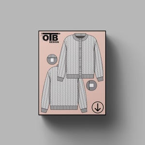 OTB Crew Neck Button Up Cable Knit Cardigan Vector Flat Technical Drawing Classic Blank Sketch Mock-Up Template Design Tech Pack Cad