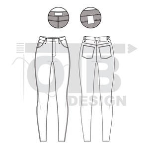 OTB High-Rise Skinny Jeans Vector Flat Technical Drawing Illustration Classic Blank Sketch Mock-Up Template Design Tech Pack Cad image 2
