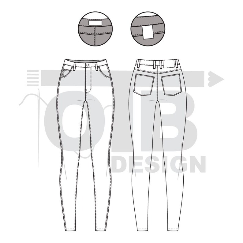 OTB High-Rise Skinny Jeans Vector Flat Technical Drawing Illustration Classic Blank Sketch Mock-Up Template Design Tech Pack Cad image 2