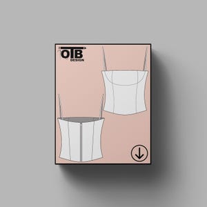 Op de afbeelding: Een digitale illustratie van een wit tanktop met dunne bandjes en een rits aan de voorkant. De illustratie is op een roze achtergrond met de tekst "OTB DESIGN" in zwart bovenaan en een downloadpijl onderaan.