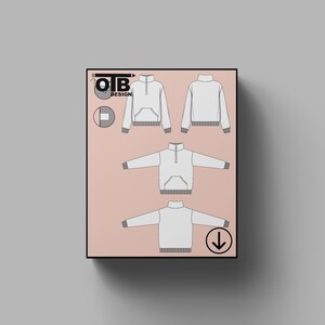 OTB Oversized Half Zip-Up Sweatshirt With Kangaroo Pocket And Cuffs Vector Flat Technical Drawing Mock-Up Template Design Tech Pack Cad