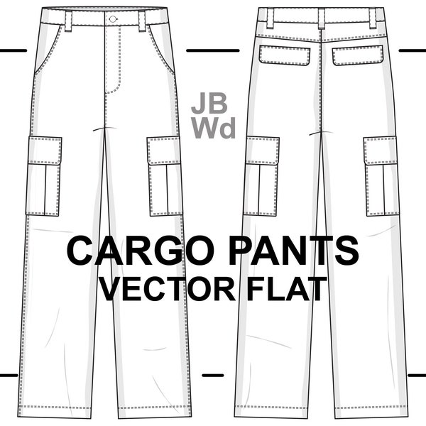 Cargo Pants Straight Leg Flat Technical Drawing Illustration Blank Streetwear Mock-up Template for Design and Tech Packs CAD