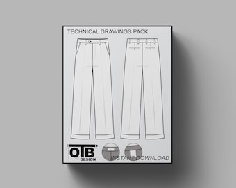 Cuff Pleated Pants Vector Flat Technical Drawing Illustration Blank Streetwear Mock-up Template Tech Pack CAD Trousers Streetwear