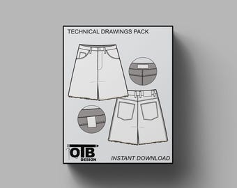Loose Cutoff Distressed Jean Shorts Vector Flat Technical Drawing Illustration Blank Streetwear Mock-up Template Tech Pack CAD Denim Baggy