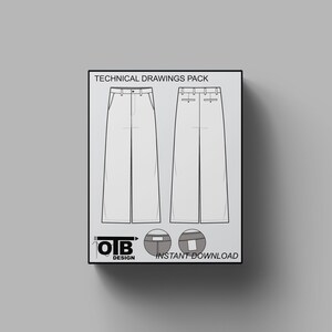 Baggy Flat Front Pants Vector Flat Technical Drawing Illustration Blank Streetwear Mock-up Template Tech Pack CAD Loose Fit Streetwear