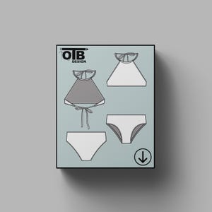 Conjunto de bikini de cuello alto OTB con halter, ilustración vectorial, dibujo técnico plano, boceto clásico en blanco, plantilla de maqueta, diseño, paquete técnico CAD