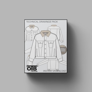 Men Unisex Sherpa Jean Denim Jacket Flat Regular Fit Technical Drawing Illustration Mock-up Template Design Tech Packs CAD Technical Sketch