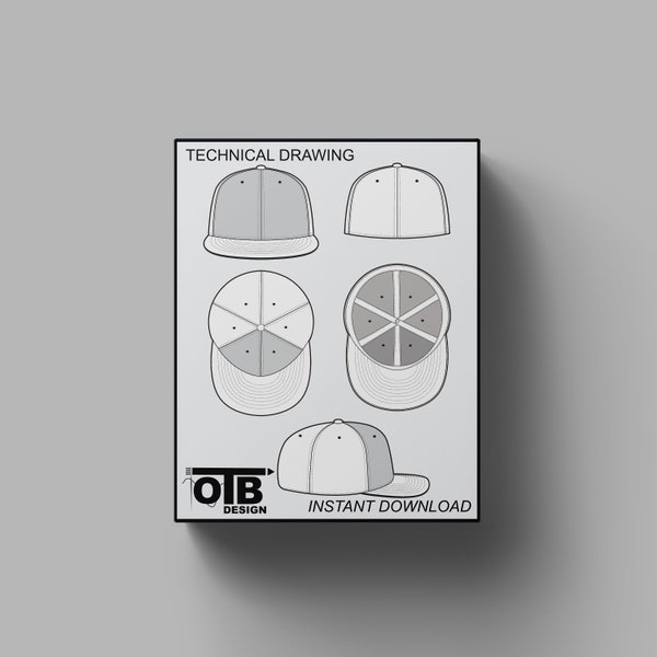 Fitted Cap Hat Vector Technical Drawing Illustration Blank Tech Pack Streetwear Mock-up Template for Fashion Design CAD Brim Baseball Hat