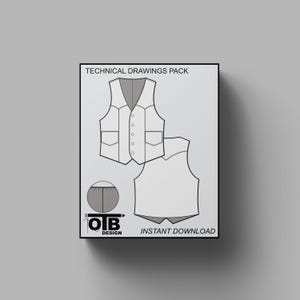 Western Button Waistcoat Vest Vector Flat Technical Drawing Illustration Blank Mock-up Template Design Tech Pack CAD Sketch
