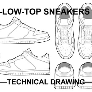 Dunk Inspired Low Top Sneaker Technical Illustration Drawing Vector Fashion Template Mockup Blank CAD Sketch for Tech Packs