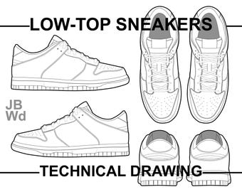 Dunk Inspired Low Top Sneaker Technical Illustration Drawing Vector Fashion Template Mockup Blank CAD Sketch for Tech Packs