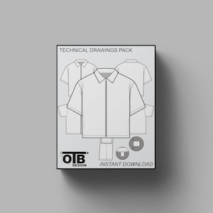 Może przedstawiać: Pakiet rysunków technicznych dla koszuli z zamkiem błyskawicznym, z widokami z przodu, z tyłu i rękawów. Pakiet zawiera logo "OTB Design" i tekst "Natychmiastowe pobranie".