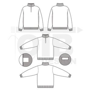 Viertel-Zip-Pullover Flache Vektor Technische Zeichnung Illustration Mock-up Vorlage für Design Tech Pack Mode CAD bearbeitbar Winter Bild 2
