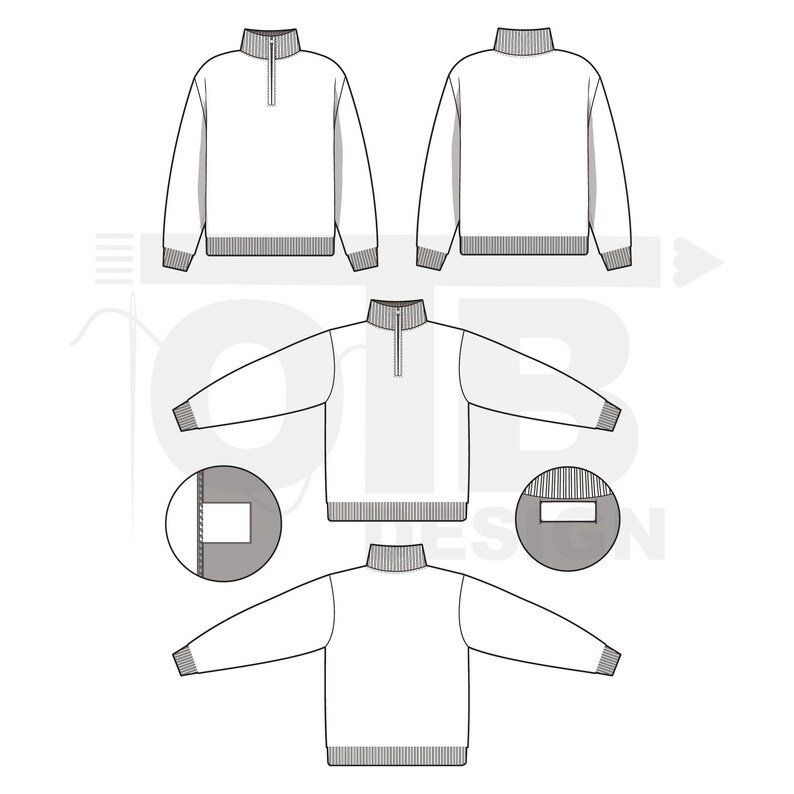 Viertel-Zip-Pullover Flache Vektor Technische Zeichnung Illustration Mock-up Vorlage für Design Tech Pack Mode CAD bearbeitbar Winter Bild 2