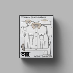 Könnte beinhalten: Technisches Zeichnungspaket für eine Jeansjacke und eine Weste. Die Zeichnungen zeigen die Vorder-, Rück- und Seitenansichten der Kleidungsstücke. Der Text "OTB DESIGN" und "INSTANT DOWNLOAD" ist im Bild enthalten.