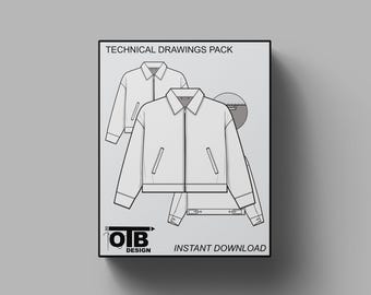 Cropped Collared Zip Work Jacket Flat Technical Drawing Illustration Mock-up Template for Design Tech Pack Vector CAD Streetwear Editable