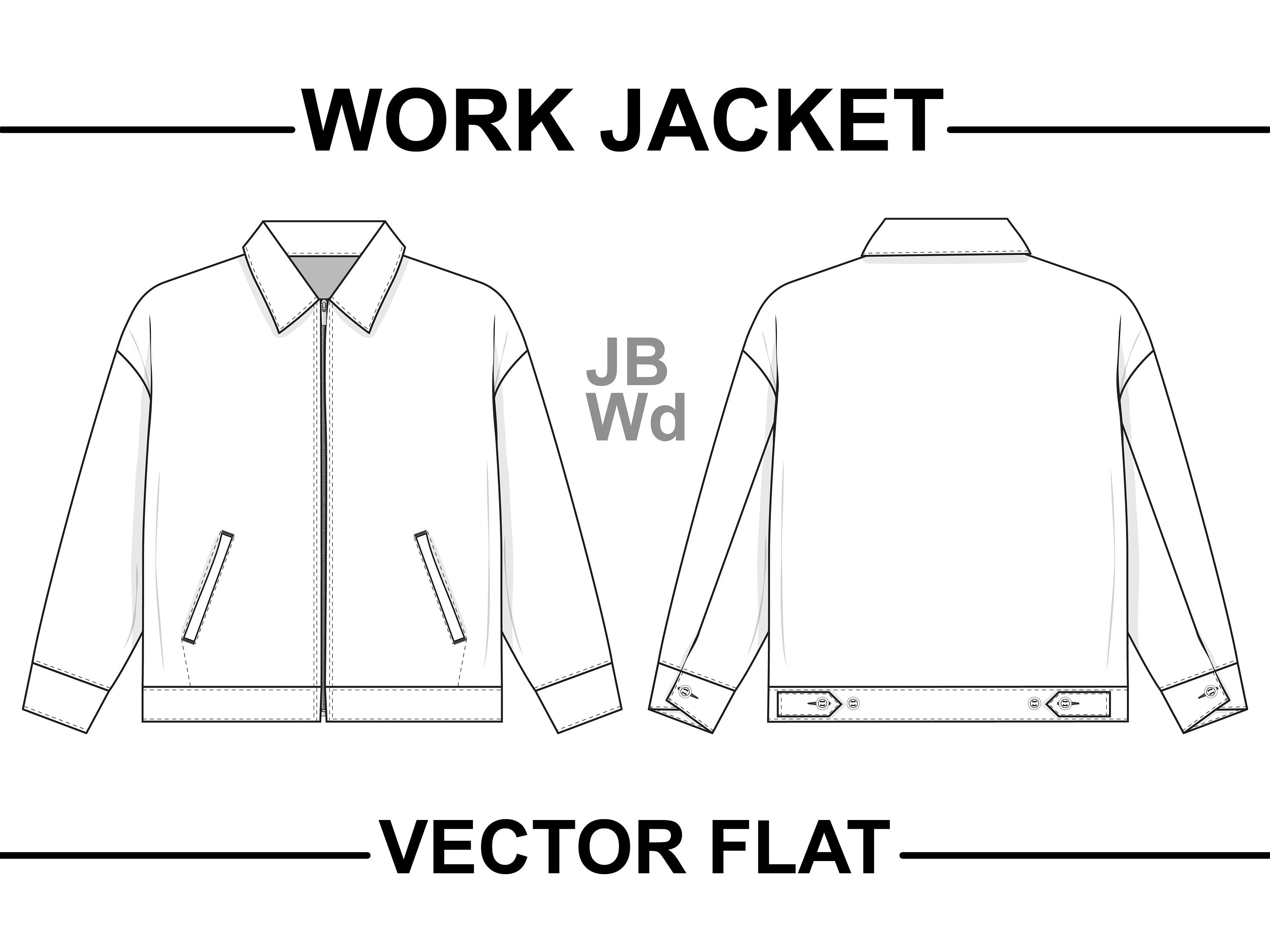 Collared Zip Work Jacket Flat Technical Drawing Illustration Mockup Collared Zip Work Jacket Flat Technical Drawing Illustration Mockup