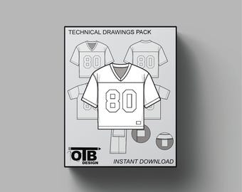 American Football Jersey Vector Flat Technical Drawing Illustration Mock-up Template Design Tech Pack CAD Editable Athletic Streetwear