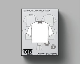 Boxy Oversized Fit T-shirt Vector Flat Technical Drawing Illustration Short Sleeve Blank Streetwear Mock-up Template Tech Pack Editable