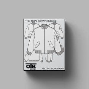 May include: Technical drawings pack of bomber jackets. The pack includes four different views of the jacket, including front, back, and side views. The drawings are in black and white and are labeled with measurements. The text "OTB DESIGN" and "INSTANT DOWNLOAD" is at the bottom of the image.