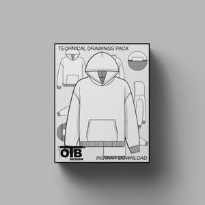 V2 Regular Fit Hoodie Sweatshirt Flach Vektor Technische Zeichnung Illustration Streetwear Mock-up Vorlage Tech Pack Mode CAD Bearbeitbar Bild 1
