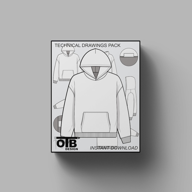 V2 Regular Fit Hoodie Sweatshirt Flach Vektor Technische Zeichnung Illustration Streetwear Mock-up Vorlage Tech Pack Mode CAD Bearbeitbar Bild 1